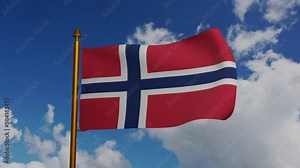 National flag of Norway waving 3D Render with flagpole and blue sky timelapse, Norges flagg or Noregs flagg used blue Scandinavian cross, Kingdom of Norway flag with Nordic cross. High quality 4k