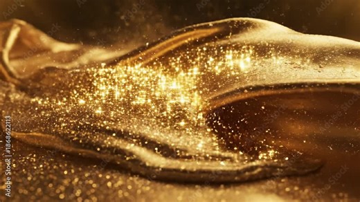 Abstract flow of vibrant liquid gold mixed with fine glittering particles creating a luxurious texture and dynamic movement perfect for transitions or overlays overlays, motion, stream