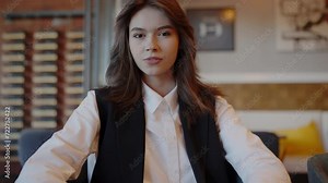 Woman dressed in office style ready to embark on daily professional activities. Woman business leader sits in chair in modern apartment before productive day. Corporate dress code Stock Video