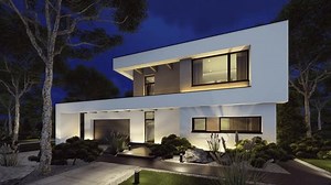 4K video rendering of modern cozy house with pool and garage for sale or rent in luxurious style and beautiful landscaping on background. light on after sunset