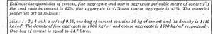 Estimate the quantities of cement, fine aggregate and coarse ag... | Filo