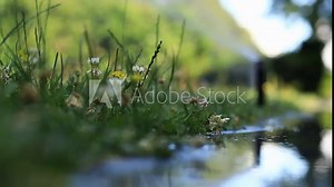 Automatic watering systems for plots, lawns and plants. Automated irrigation systems spray water in the park. Plastic water sprayer for watering the lawn, close-up