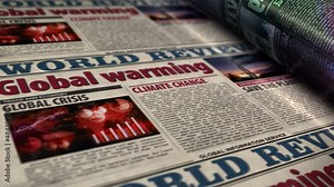 Global warming, climate change, ecology crisis and environment disaster daily newspaper report roll printing. Abstract concept 3d rendering seamless looped animation.