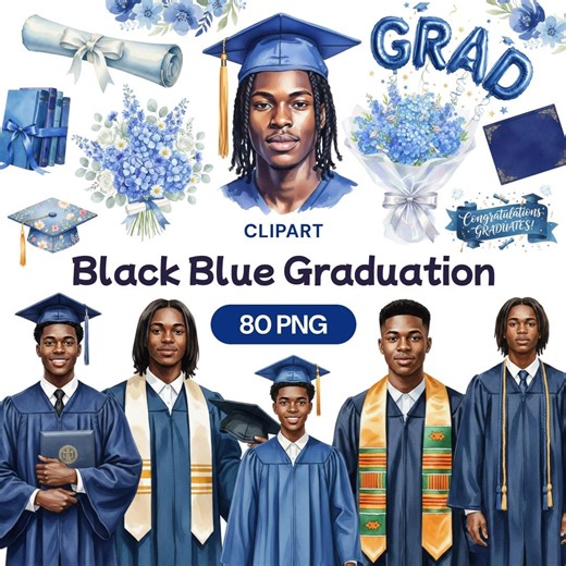 Black Man Graduation Clipart, 80 African American Male PNG, Blue Cap Gown, College Senior, High School, Royal Navy Theme, Class of 2026 - Etsy