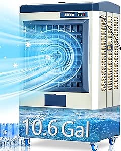 Uthfy Evaporative Cooler for Outdoor Use,3531 CFM Portable Air Conditioner Swamp Cooler Cooling Fan with 3 Speeds,3 lce Box,10.6 Gallons Water Tank, 4 Universal Wheel,for Room Garage Commercial