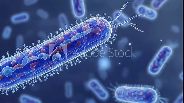 Escherichia coli Microorganism. Realistic 3D Animation of Close-Up of Bacteria with Flagella in Motion. Scientific Research and Medical Science Concept. High-Resolution Biological Footage