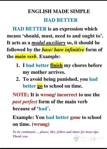 ENGLISH MADE SIMPLE: Tips on the expression 'HAD BETTER '