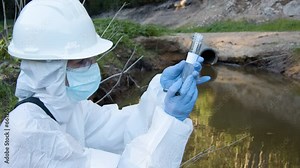 Ecologist sampling water from the sewage. Quality control. Domestic sewage.