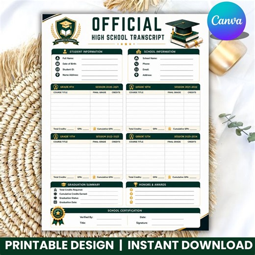 Official High School Transcript Template, Editable Student Grade Tracker, Canva Homeschool Transcript, Printable GPA Transcript Form - Etsy
