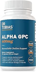 Dr. Tobias Alpha GPC 600mg Per Serving - Bioavailable Choline Supplements for Brain, Memory and Focus - Premium Nootropic Alpha GPC Choline Supplement, Vegan, Non-GMO, 60 Capsules, 30 Servings