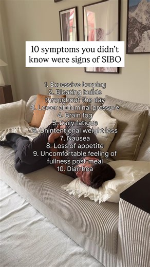 10 symptoms you don't know were signs of SIBO👇 With SIBO, bacteria have overgrown in your small intestine where they don't belong. That overgrowth creates gas and inflammation that don't just impact your gut…they travel through your whole body and can show up as: 🔥 excessive burping and bloating that builds throughout the day ➡️ bacterial fermentation gas production 🔥 lower abdominal pressure and uncomfortable fullness after meals ➡️ slowed digestion bacterial overgrowth 🔥 brain fog and dail