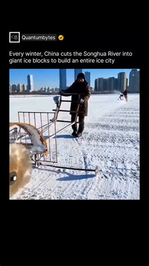 QUANTUMBYTES on Instagram: "Harbin Ice and Snow World, a massive winter city built entirely from ice and snow in northeastern China. It appears every winter when temperatures drop far below freezing, allowing structures to remain solid for months. The city is constructed using ice blocks cut directly from the frozen Songhua River. These blocks are stacked, carved, and fused with water that instantly freezes, forming castles, towers, bridges, and full-scale buildings. At night, internal LED light