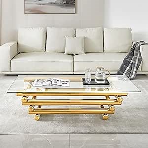 55" Glass Coffee Table for Living Room, Modern Gold Coffee Tables, Tempered Glass Tabletop, Stainless Steel Legs, Luxury Rectangular Center Table for Waiting Room Home Apartment Office