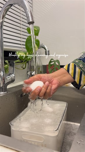 angan tales | cozy mini vlogs on Instagram: "Weekly cleaning and organizing eggs is part of my kitchen hygiene routine. Eggs can carry dirt, bacteria, and residue on the shell from farms, transport, and handling. Washing them before placing them in the kitchen or fridge helps reduce surface contamination and keeps the storage area clean. After washing, eggs should be dried properly and stored in the refrigerator to maintain freshness and safety. Small hygiene practices like this protect not just