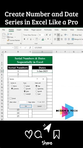 How to Create Number and Date Series in Excel Like a Pro #excel #exceltips #hack #exceltricks #data In this tutorial, you'll learn how to easily generate serial numbers and date sequences in Microsoft Excel using the Series feature. This method eliminates manual typing, saving time and ensuring accuracy. Whether you’re working with small datasets or large ones, this Excel trick will boost your productivity. We demonstrate two examples: Generating a sequence of serial numbers. Creating a date seq