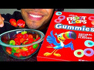 ASMR FROOT LOOPS GUMMIES CEREAL UNBOXING MUKBANG EATING SHOW SOUNDS NO TALKING JERRY CANDY
