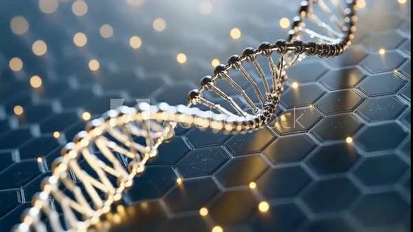 DNA strand visualized on hexagonal grid with data representation for analysis and research purposes, DNA strand and data analysis over hexagonal grid background