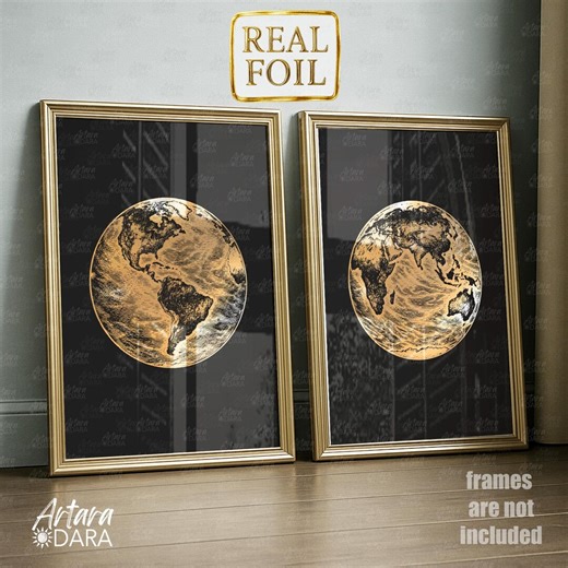 Gold Foil Earth Map Poster Set – Hemispheres Wall Art (unframed Set of 2) - Etsy