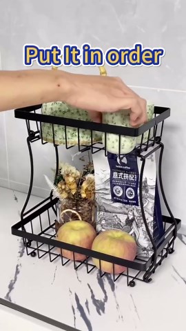 2 Tier Fruit Basket, Metal Vegetable Basket for Kitchen Countertop, Detachable Fruit Bowl Food Storage Snacks Bread Basket Stand Holder with Wooden Handle, Black (Large), GSL-2