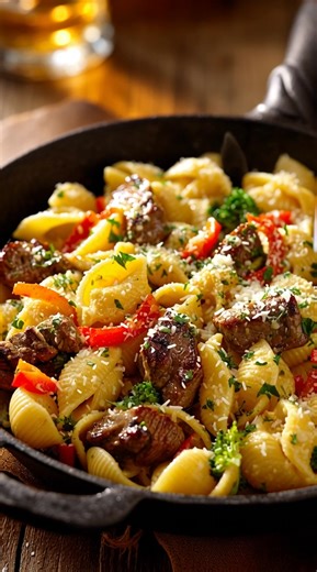 Cheesy Garlic Steak Shells with Broccoli & Peppers Juicy steak bites, tender pasta shells, crisp broccoli, and sweet bell peppers come together in a creamy garlic cheese sauce that’s pure comfort food. This colorful, hearty one-pan meal is quick enough for weeknights yet indulgent enough for a cozy family dinner. Ingredients (Serves 4) 12 oz medium pasta shells 1 lb steak (sirloin or ribeye), cut into bite-sized pieces 2 tbsp olive oil 3 tbsp butter 4 garlic cloves, minced 1 cup broccoli florets