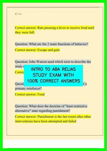 INTRO TO ABA RELIAS STUDY EXAM WITH 100% CORRECT ANSWERS video