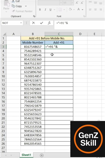 Add +91 before Mobile number #excel #spreadsheetmagic #excelshortcuts #exceltips #exceltricks