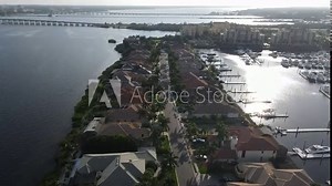 Aerial floating down luxury housing community on the Manatee River, Florida