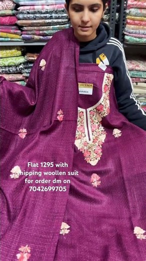 Woollen suit with kashmiri embroidery in three colors