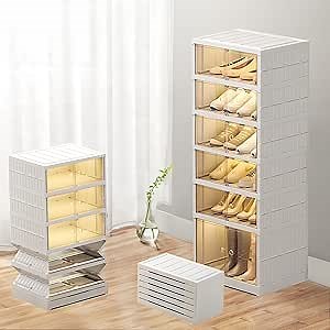 Foldable Shoe Organizer Rack for Closet and Front Door Entrance, Shoe Storage Cabinet with Clear Plastic Magnetic Door, Large Stackable Shoe Box (6 Tiers - 12 Pairs)