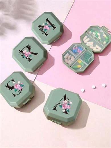 Black Letter & Red Peony Pattern Portable Pill Case, 6-Compartment Capsule Storage Box, Travel Medicine Box, Pill Box, Mini Pill Box, Letter A~Z (Excluding Q/Ux), 6-Grid Pill Organizer, Travel Mini Medicine Box, Moisture-Proof Pill & Vitamin Container, Pill Box, Pill Box, Pill Box, Medical Travel Accessory, Dorm Essential | SHEIN