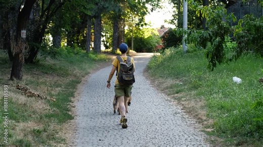 Woman walking along a paved park path with a German Shepherd dog while holding a smartphone. Rear view. Urban nature walk, everyday outdoor activity and pet companionship