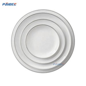 [Hot Item] Mexico Style Silverware Ceramic Dinner Plates White Plate with Silver Rim Party Rental Tableware
