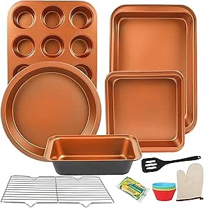 Baking Pans Set 6-Pieces, Non Stick Bakeware Set Stackable, with Cookie Sheet, Muffin, Round/Square Cake Pan, Loaf Pan, Rack, Oven Mitt for Home Baker, Gold