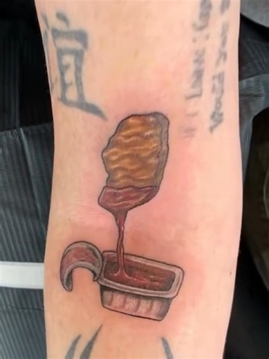 Color chicken nugget arm tattoo tattoo artist Aprilraine #chickennugget #colortattoo #worldsbesttattoos #besttattoos #tattooideas