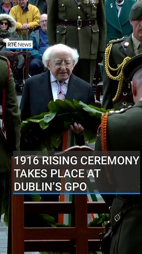 President Michael D Higgins has led the commemoration ceremony at the GPO in Dublin to mark the anniversary of the 1916 Easter Rising. The 1916 Proclamation of Independence was read by Captain Conor Gibbons, as it was by Pádraig Pearse 109 years ago. President Higgins laid a wreath outside the GPO to commemorate those who died before a minute’s silence was observed. Link in bio to read more📲 #rtenews #1916 #easterrising #ireland #dublin | RTÉ News