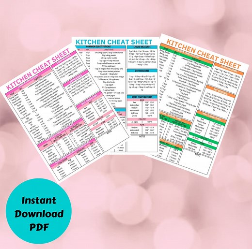Printable Kitchen Cheat Sheet | Kitchen Conversion Chart | Kitchen Substitution Chart | Meat Temperature Guide | Kitchen Guide Printable PDF - Etsy