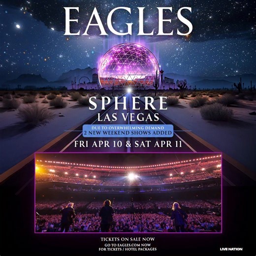 Tickets to the newly added April 2026 dates at Sphere Las Vegas are ON-SALE NOW at Eagles.com. Vibee Hotel & Experience Packages and VIP Ticket Packages are on sale now. | Eagles