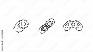 Team relationship icons animation. Animated line hands joining gears. Software development. Working together. Loop HD video with alpha channel, transparent background. Outline motion graphic Stock Video