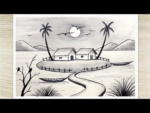 Easy Scenery Drawing Tutorial with pencil, Pencil Drawing for Beginners