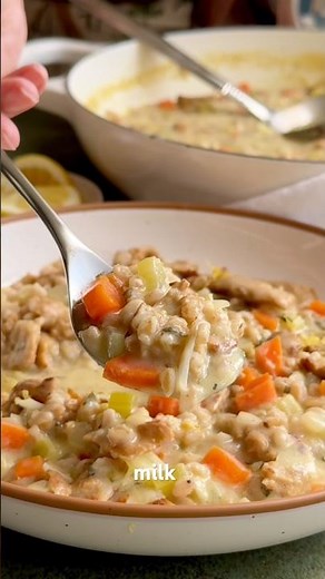 Creamy Lemon Chicken & Farro Stew #dairyfreerecipes