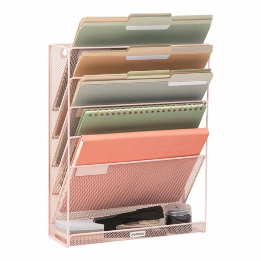 Reviews for Mind Reader 16 in. H x 4 in. W x 12.75 in. D Vertical File Storage Desktop Organizer Angled Wall Mount Metal Pink | Pg 2 - The Home Depot