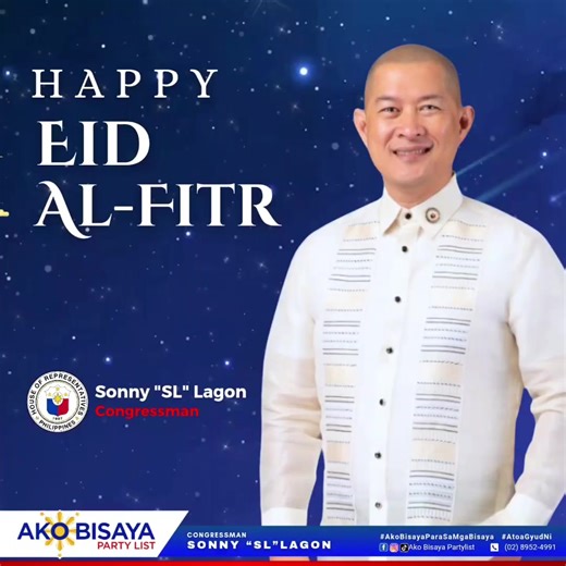 Ako Bisaya Partylist, under the leadership of Congressman Sonny Lagon, warmly extends its heartfelt greetings to our Muslim brothers and sisters on the joyous occasion of Eid al-Fitr. May this special celebration be a meaningful reminder of faith, sacrifice, and unity that brings us all closer as one nation. As the holy month of Ramadan comes to an end, may every home be filled with happiness, gratitude, and countless blessings. We pray for continued peace, love, and understanding in every commu