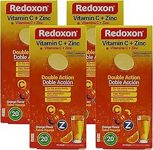 Redoxon Vitamin C + Zinc, Effervescent Tablets of Vitamin C and Zinc, Helps Support Your Immune System, Orange Flavor, 20 Effervescent Tablets, 2.82 Oz Box, (Pack of 4)