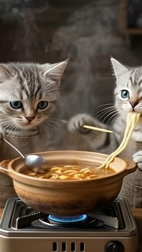 Two Silver Kittens Making Udon on a Rainy Day #shorts#cutekittens#catshorts#animalcooking#udon#asmr