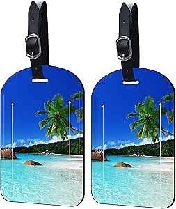 2 Pack Luggage Tags Island's Beach PU Leather Baggage Handbag Suitcase Tags with Secure Strap Privacy Cover ID Labels,Business Travel Baggage Tag Identifier