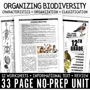 grade 12 Biology Organizing Biodiversity, characteristics of life, sub plans