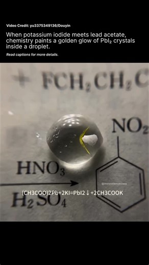 Insta Science Class on Instagram: "Inside the water droplet, potassium iodide (KI) and lead(II) acetate (CH₃COO)₂Pb diffuse toward each other, and when their ions meet, a precipitation reaction occurs, forming lead(II) iodide (PbI₂) — a bright yellow, insoluble compound. This reaction follows the equation: (CH₃COO)₂Pb + 2KI → PbI₂↓ + 2CH₃COOK. The yellow “glow” seen inside the droplet isn’t from actual light emission but from the way PbI₂ microcrystals scatter and reflect light within the water.