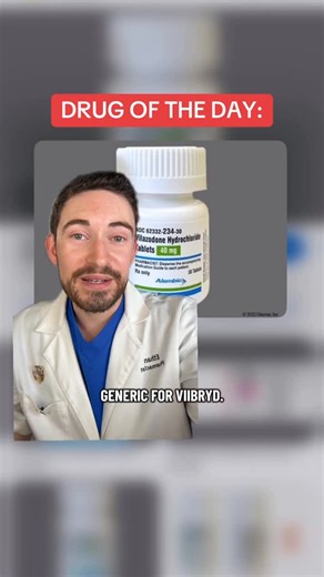 Dr. Ethan Melillo | Pharmacist on Instagram: "💊 Drug of the Day: Viibryd (vilazodone)! An antidepressant that works as an SSRI + partial serotonin receptor agonist. Used for major depressive disorder, let’s break down how it works, side effects, and what patients should know. * This video is for educational purposes only and is not a substitute for medical advice. Always talk to your doctor or pharmacist about your personal health needs. #Viibryd #Vilazodone #DrugOfTheDay #PharmacistTips #Mille