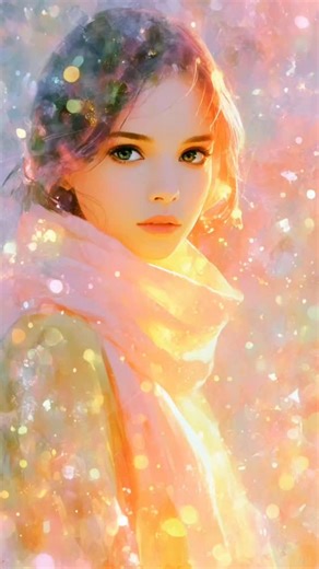 Nadja Haffke on Instagram: "Guten morgen ☕️ Ich wünsche euch einen entspannten Tag 😃🫶 🌟💛🌟 The woman's closed eyes flutter open to reveal glowing golden irises, her yellow sleeve lifting gently as translucent fabric ribbons unravel from her clothing. Abstract color fields in the background pulse rhythmically with her breathing, the camera tilting up to frame her dissolving hands merging with floating light orbs. Soft gradients of peach and mint hues envelop the scene as her figure becomes on