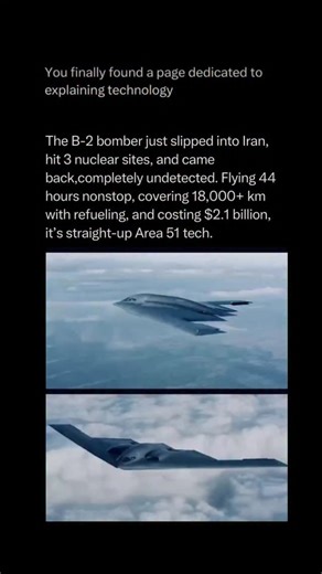 Technology Explained on Instagram: "Follow @explaining.tech to learn everything about technology one post at a time 🧠⚙️ The B-2 Spirit is a masterclass in low-observable technology, designed to be invisible not just to the eye, but to the electromagnetic spectrum. Its “alien” appearance is a functional necessity; the flying wing design eliminates the vertical stabilizers (tails) that typically reflect radar waves back to a receiver. The entire airframe is coated in Radar-Absorbent Material (RAM